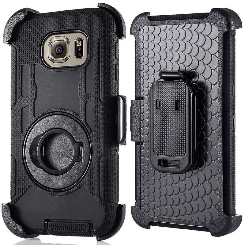 Compatible for Samsung Galaxy S7 Edge Case (Not for S7), PlusMall Rugged Shockproof Hybrid Protective Case Back Cover with Swivel Belt Clip Hard Holster Defender Case Ring Rotating Kickstand (Black) - Image 1